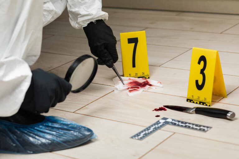 blood cleanup specialist inspecting the blood napkin