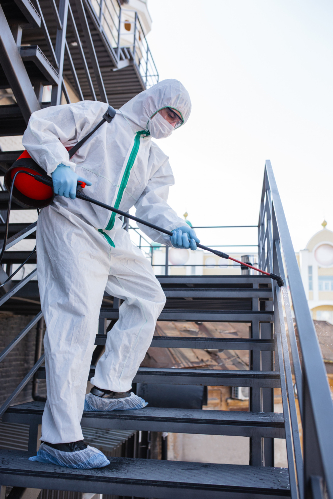 disinfecting in a protective suit