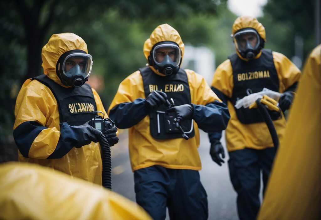 biohazard specialists in protective suits